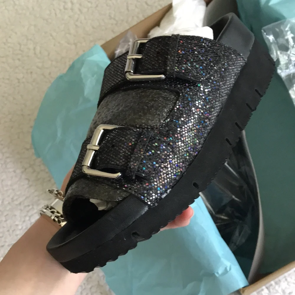 Ash Womens Black Sparkle Double-Buckle Slide Sandals